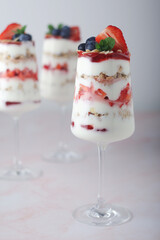 Strawberry milk yogurt desert in glasses	