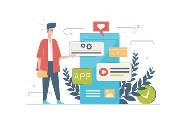 App development concept with people scene in flat cartoon design. Man creates software, engineering user interface with buttons for mobile phone. Vector illustration with character situation for web