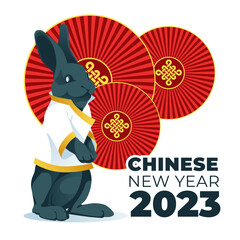 a black rabbit in a traditional red Asian kimono against a background of New Year's decorations. vector flat illustration. Postcard design
