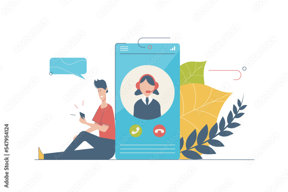 Aufkleber call center concept with people scene in flat cartoon design. man calling to technical support by sm