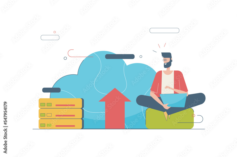 Aufkleber Cloud computing concept with people scene in flat cartoon design. Man using cloud technology for making backup, transfer files and processing data. Vector illustration with character situation for web