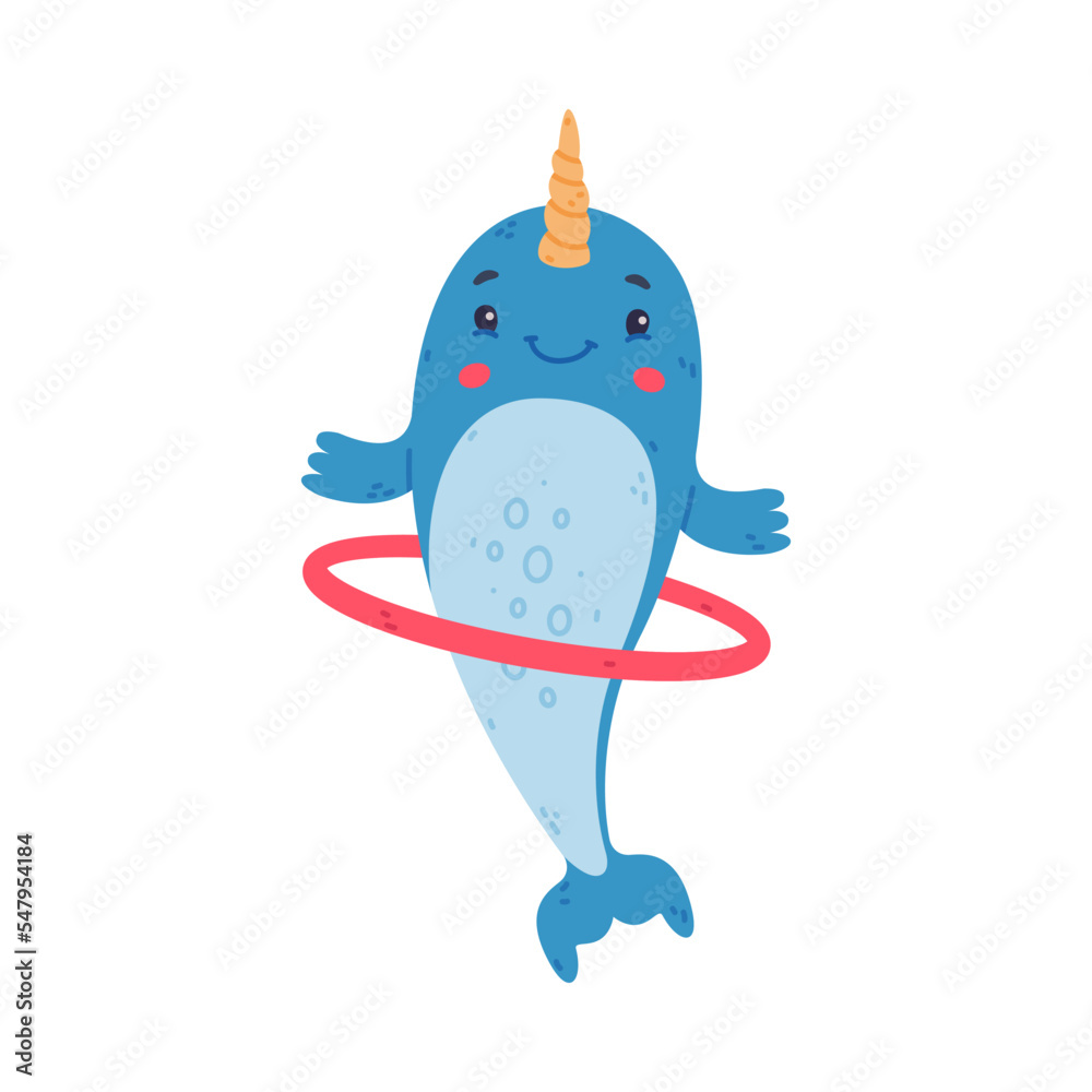 Poster Funny cute baby narwhal exercising with hula hoop. Sea mammal animal cartoon character vector illustration