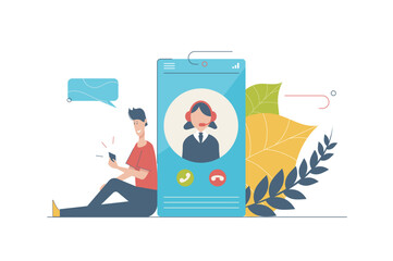 Call center concept with people scene in flat cartoon design. Man calling to technical support by smartphone, woman consulting and solving problem. Vector illustration with character situation for web