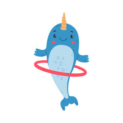 Funny cute baby narwhal exercising with hula hoop. Sea mammal animal cartoon character vector illustration © topvectors