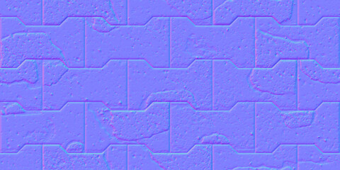 Fototapeta premium Normal map of pavement seamless pattern with dumble interlocking textured cracked old bricks. Bump mapping of pathway texture top view. Outdoor slab sidewalk. Floor 3d rendering shader illustration