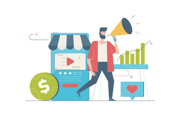 Digital marketing concept with people scene in flat cartoon design. Man making advertisement campaign and announces to audience in social media. Vector illustration with character situation for web