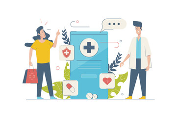 Online pharmacy concept with people scene in flat cartoon design. Woman consults with pharmacist and orders medicines online using mobile app. Vector illustration with character situation for web