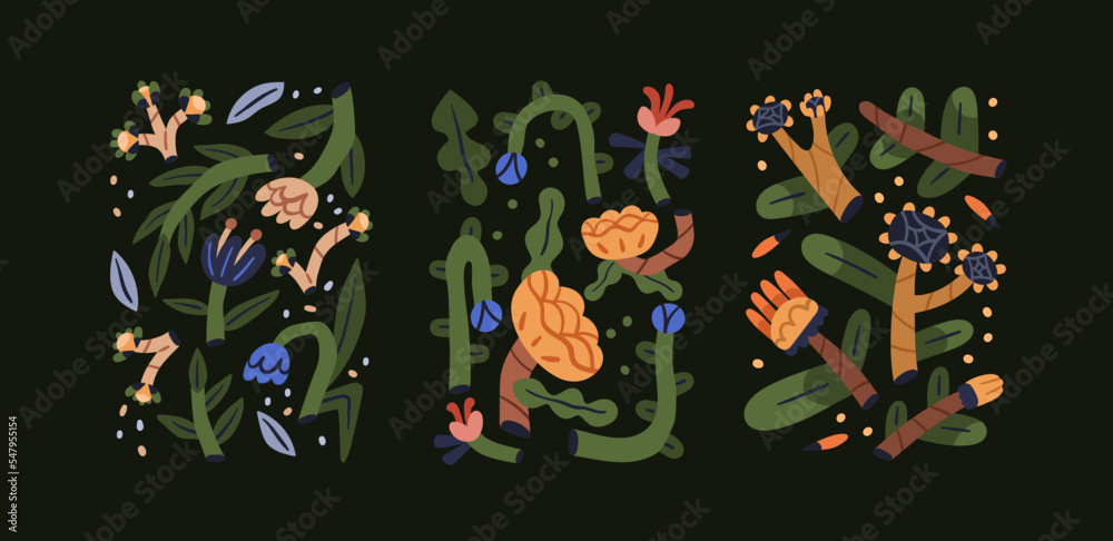 Aufkleber modern abstract flowers compositions. contemporary botanical art. trendy fairy floral plants in naiv