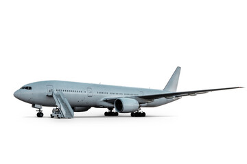 White wide body passenger airliner with boarding stairs isolated on transparent background