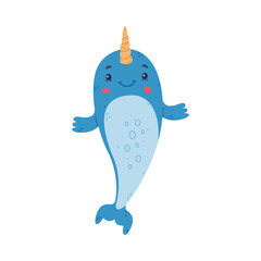 Funny happy baby narwhal. Cute sea mammal animal cartoon character vector illustration © topvectors