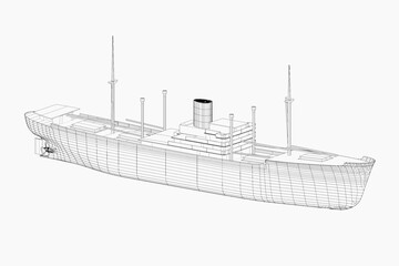 3D illustration. Wire of historical general cargo motor ship