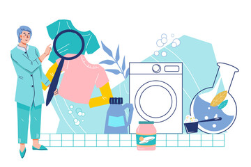 Laundry and dry cleaning service banner template, flat vector illustration isolated on white background. Professional checks the quality of washing and cleaning clothes.