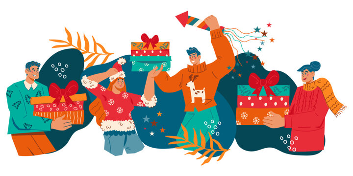 New Year and Christmas party or bash. Happy people celebrating Christmas party and dancing, flat vector illustration on background. Christmas and New Year invitation or banner backdrop.