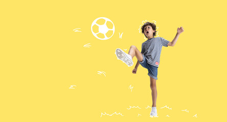 Creative design with drawn elements. Little active boy, child playing over yellow background....