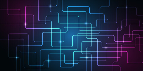 Neon speed lights motion background. Realistic lights. Glowing geometric lines on the blue background. High-tech communication concept for presentation or banner.