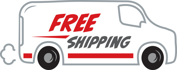 White truck  vector icon with free shipping text message.
