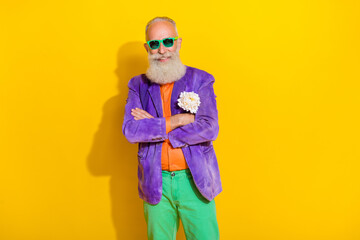 Photo of elegant retired grandfather cross arms prepare valentine day event with his wife isolated on bright color background