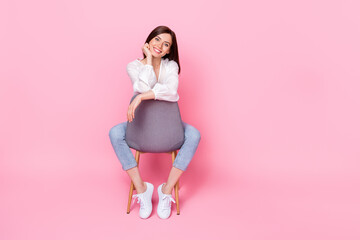 Full length photo of nice glamorous lady wearing stylish denim white clothes free time empty space isolated pink color background