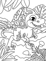 Young tyrannosaurus, funny hero. Background forest tropics. Children coloring book. Raster.