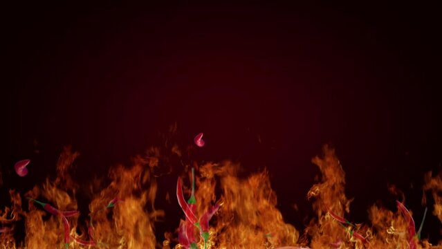 Burning Chili Peppers Red chilies and hot fire with flame in background