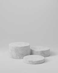 Step Minimal 3d rendering scene with composition empty cylinder marble pedestal podium for product and abstract background. mock up geometric shape in white color. platforms for cosmetic