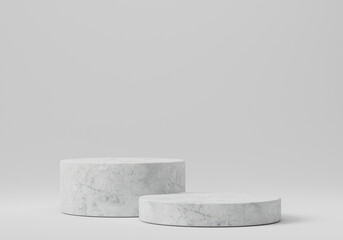 Step marble pedestal podiums on white background. Abstract minimal scene with geometrical. Scene to show cosmetic products presentation. Mock up design empty space. Showcase, display case. 3d render.