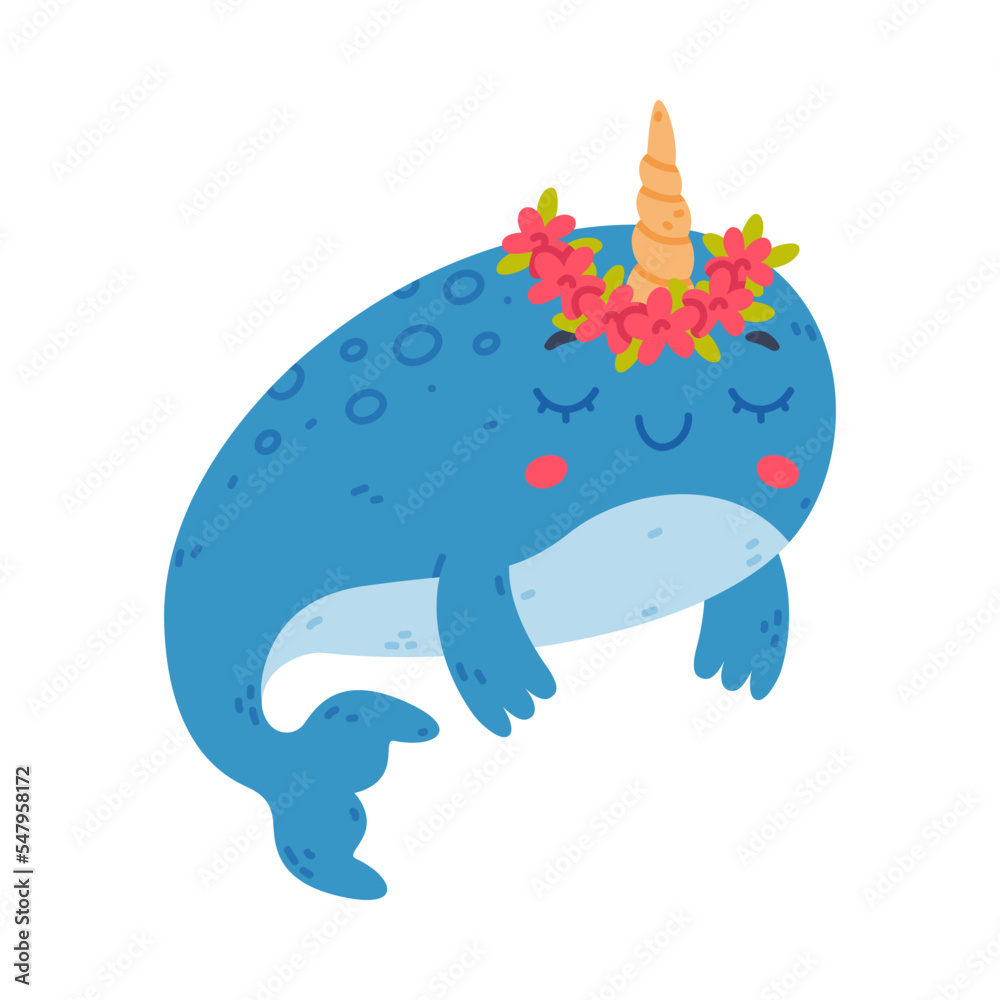 Canvas Prints funny cute baby narwhal in wreath of flowers. sea mammal animal cartoon character vector illustratio