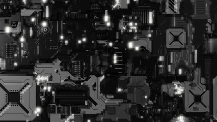 Electronic board in hardware cpu processor Closeup , technology hi tech futuristic.3d rendering