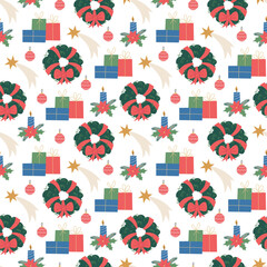 Holiday seamless pattern with holiday decorations. Vector illustration. Winter design for scrapbooking, wrapping paper, fabric, textile.