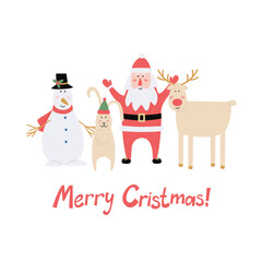 Christmas card design with cheerful holiday characters. Winter holiday design for postcards, paper prints, web banners.