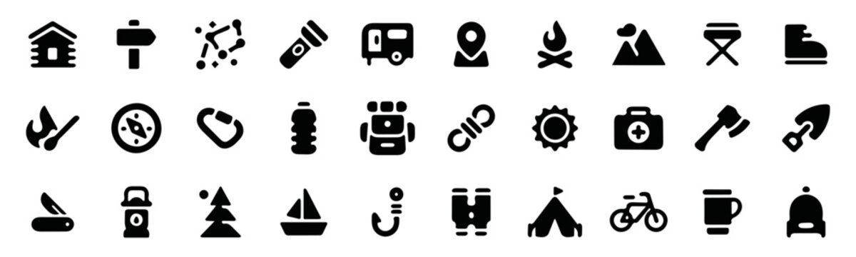 Camp solid icon set. Outdoor icon set. camping icon. vector illustration. solid icon