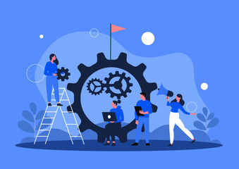 Business and teamwork concept of vector illustration, little people links of mechanism, business mechanism, people are engaged in business promotion, strategy analysis.