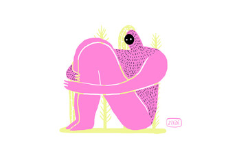 Hand drawn cartoon character. Comic style. Digital illustration. Naive drawing. Doodle art. Figurative doodling. Freehand. Pop and pink sitting human. Crazy character design.