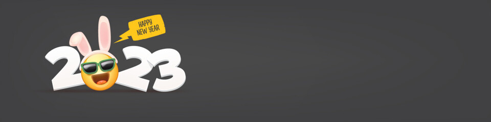 2023 Happy new year horizontal banner with funny smile face with rabbit ears and sunglasses isolated on grey background. 2023 new year banner, poster, flyer, cover with funny cute rabbit