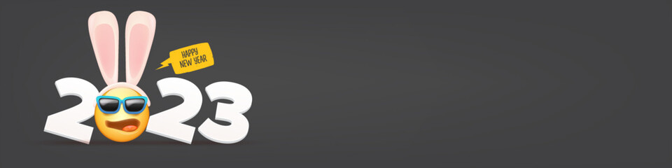 2023 Happy new year horizontal banner with funny smile face with rabbit ears and sunglasses isolated on grey background. 2023 new year banner, poster, flyer, cover with funny cute rabbit