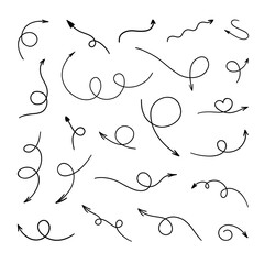 Arrow vector. Curly arrows. Vector wavy arrows. Pointy arrows with swirls and curls isolated on white. 
