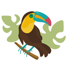 Naklejka premium Bright colored parrot and tropical leaves. Cockatoo parrot in the tropics. Exotic birds. Multicolored summer bird.
