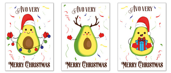 set of cute christmas and happy new year greetings card with avocado