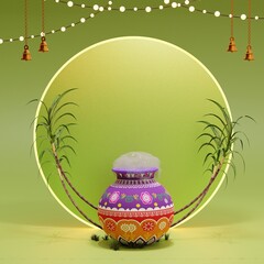 product display, pongal festival in white background with pongal pot, sugar can, diya and tradition design, 3d render