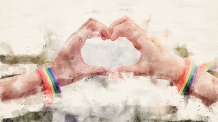 Hands have rainbow wristbands on making a heart sign to show love in LGBT pride concept                                