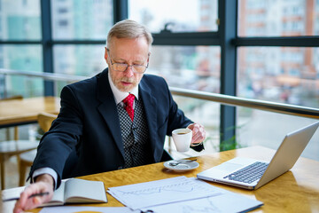 Computer using business worker. Successful handsome businessman working with laptop.