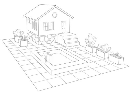 coloring page for adults. 3d drawing of a house with an outdoor area, a swimming pool and planter boxes. you can print it on standard a4 size paper