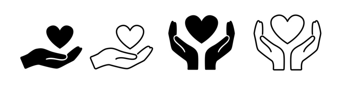 Set of heart icons in hand. Hands holding a heart icon. Love icon. Health care hands holding a heart flat and line style. Vector EPS 10
