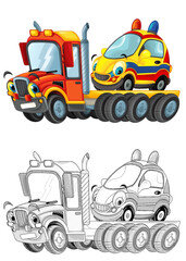 Naklejka premium funny cartoon tow truck driver with other car