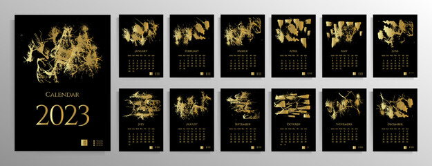 Monthly wall calendar for 2023. Set for 12 months. Stylish black and gold design. Vector illustration.