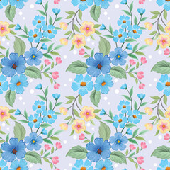Blue yellow and pink color flowers with green leaf seamless pattern.