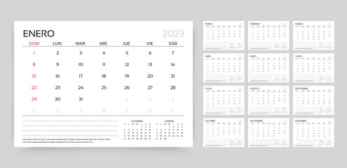 2023 Spanish calendar. Planner template. Week starts Sunday. Calender layout with 12 month. Desk schedule grid. Yearly table organizer. Horizontal monthly diary with pages. Vector simple illustration