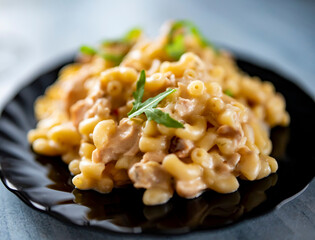 pasta with chicken meat, cream sauce and cheese in a plate