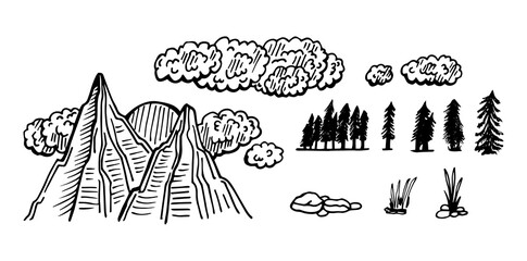 Mountain pines trees sky landscapes hand drawn vector illustrations