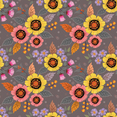 Yellow pink and purple flowers design on brown color background seamless pattern.